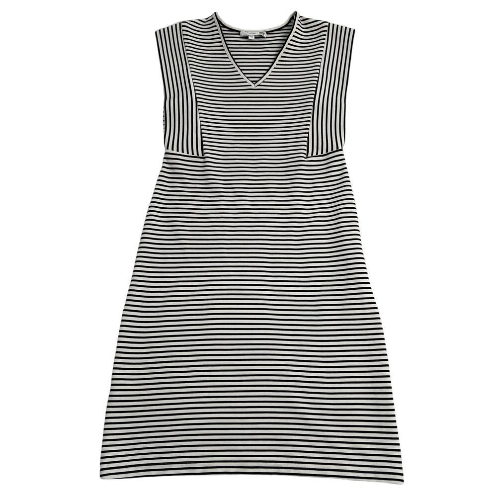 Derek Lam Size 40 US 4 V Neck Sheath Dress Black White Striped Stretch Chic Work - Picture 9 of 12